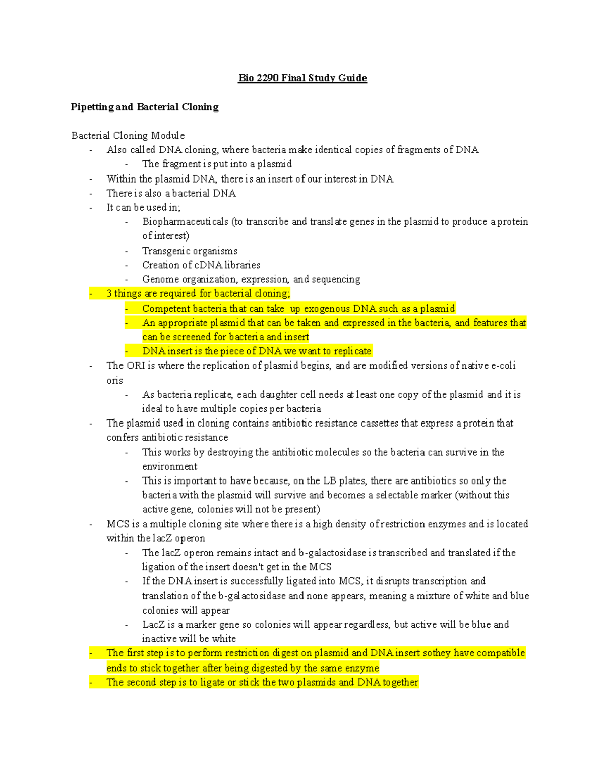 Bio 2290 Final Study Guide: Key Concepts in Bacterial Cloning ...