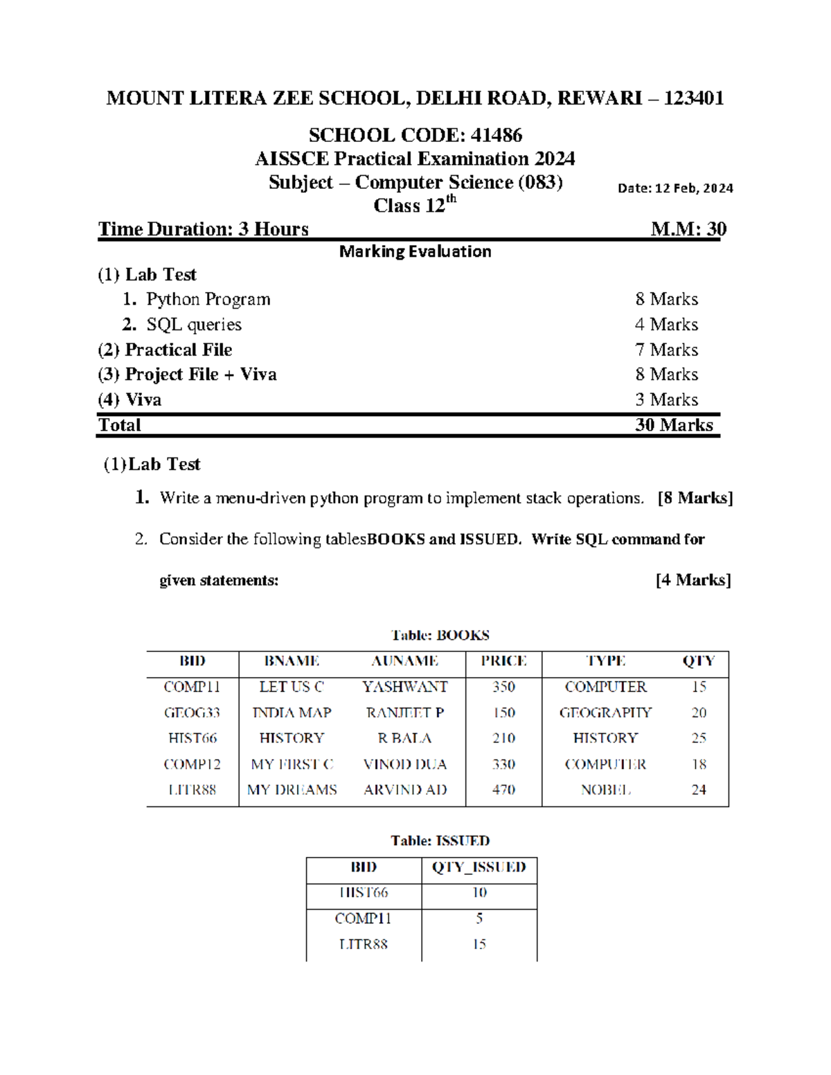 CS 12 Practical Exam QP 2024: Computer Science Lab Test Guidelines ...