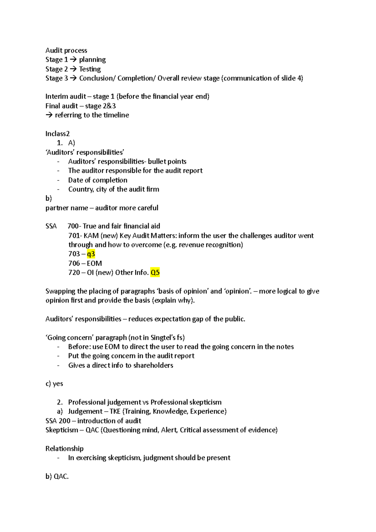 Audit Process Stages and Auditor Responsibilities: Sem2 In-Class Notes ...
