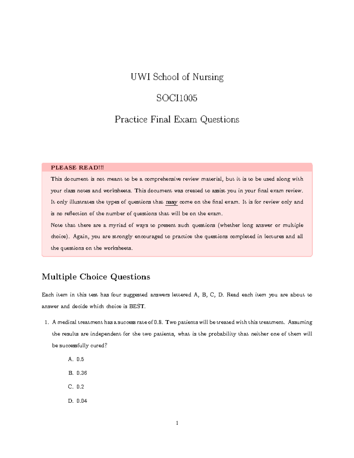 SOCI1005 Final Exam: Practice Questions and Review Guide - Studocu