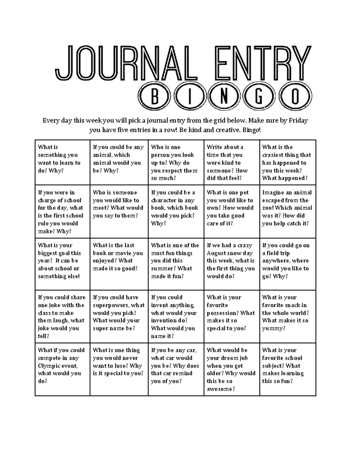 Vincent Brown - Journal Entry Bingo Activity - Studocu