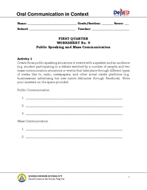 Oral Communication (Q1) Worksheet No. 13: Types of Speech Styles - Studocu