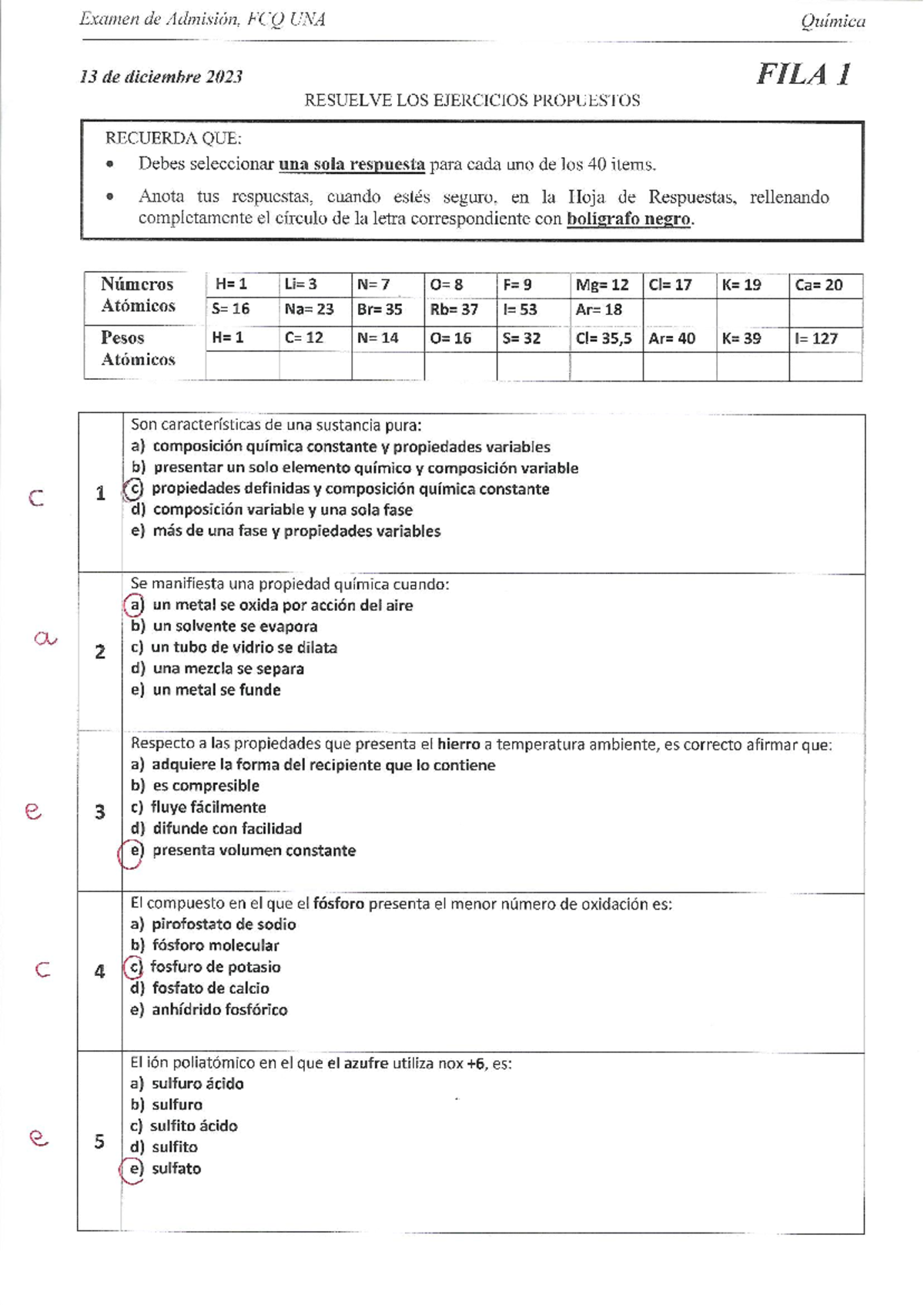 Examen de Admisión 2024 - Química - FCQ UNA - Document Preview