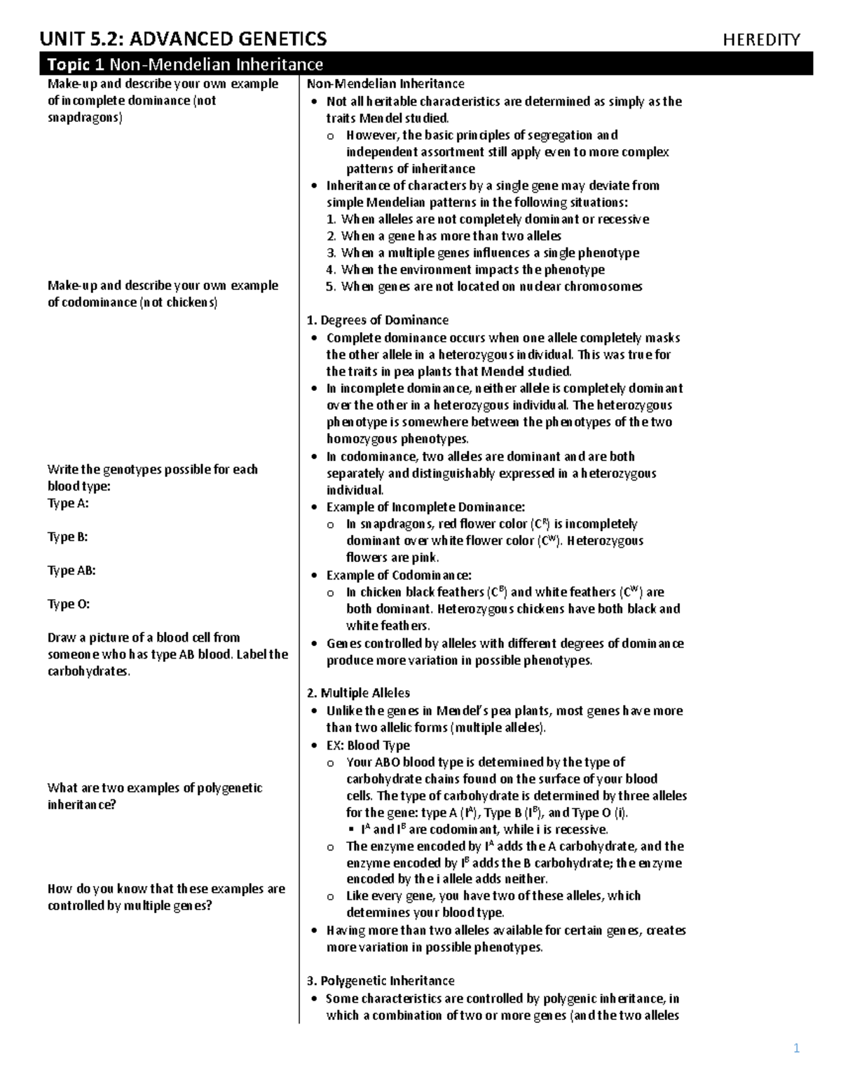 Unit 5.2: Advanced Genetics - Inheritance, Dominance, and Blood Types ...