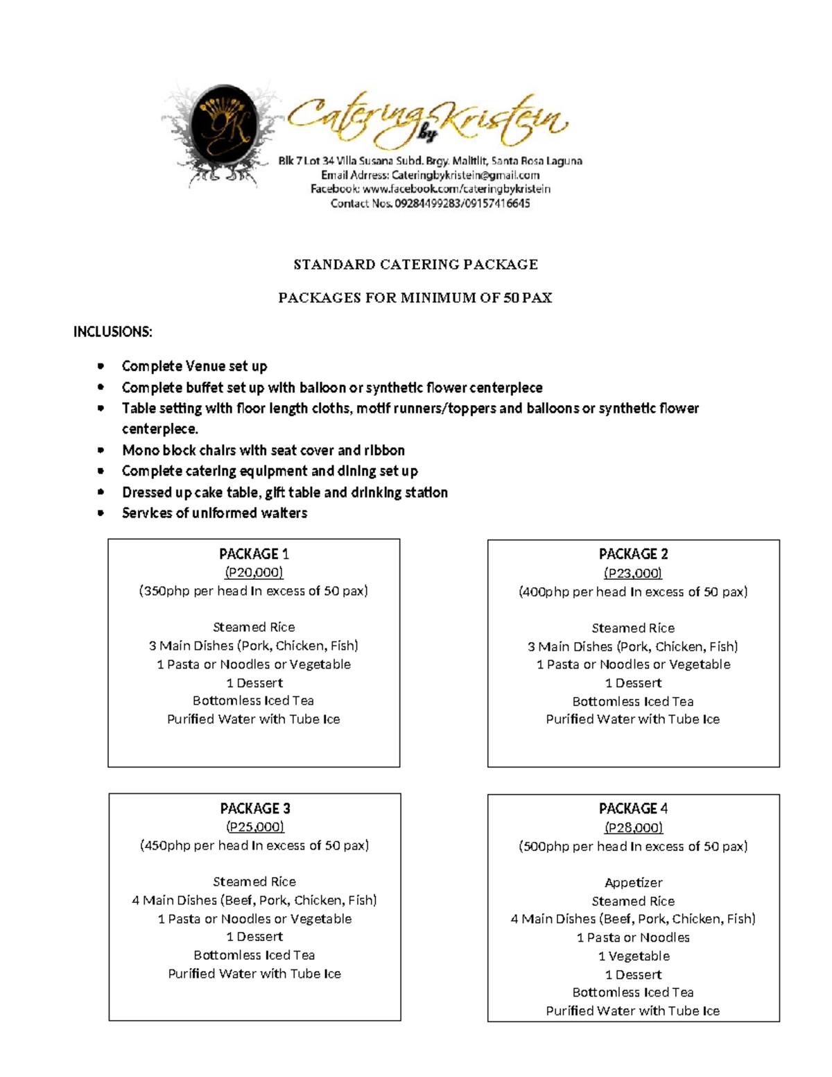 50 Pax Catering Packages: Standard Rates & Menu Inclusions - Studocu