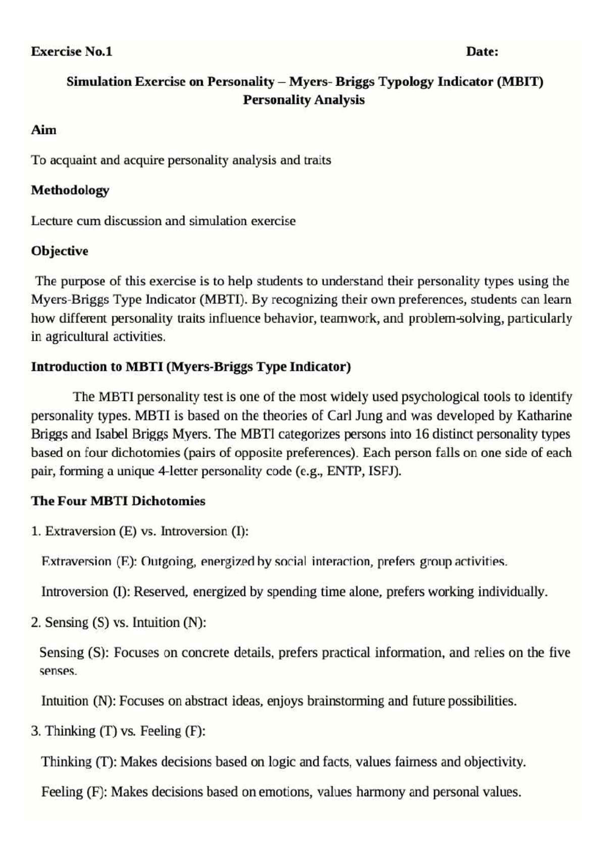 MBTI Personality Analysis Exercise (Course Code: PD101) - Studocu
