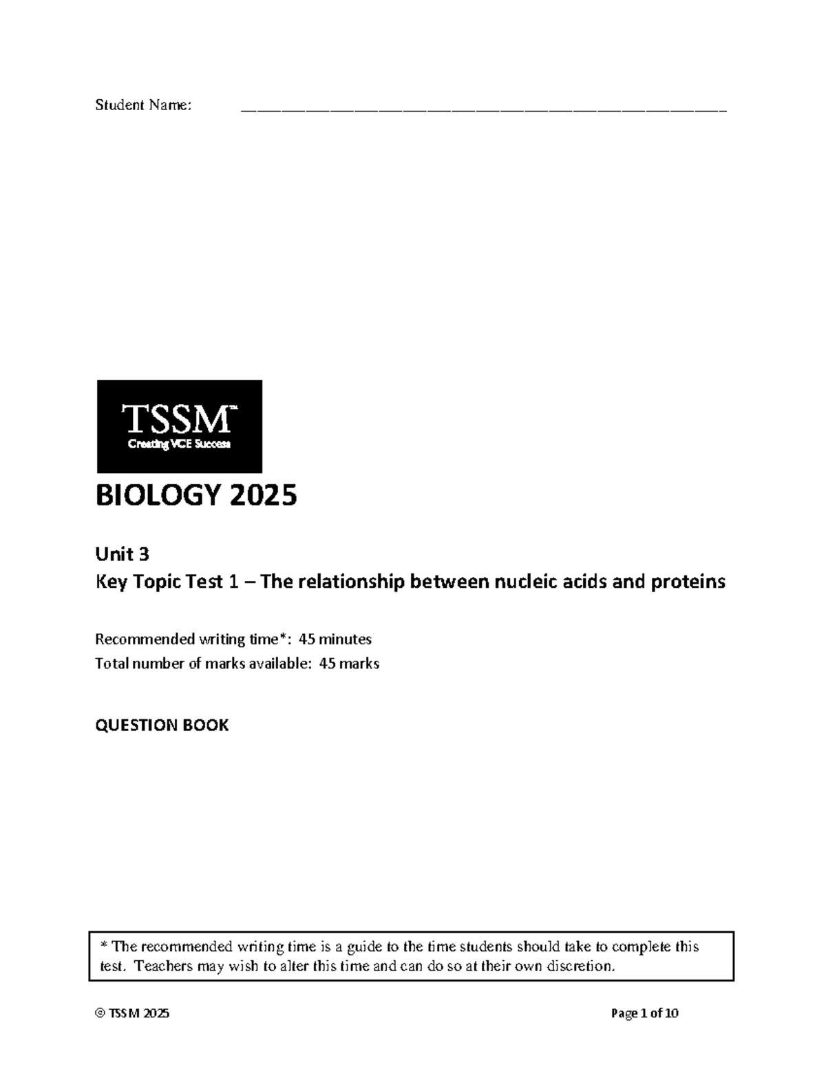 Biology 2025 Unit 3 Key Topic Test 1 - Question Book - Studocu