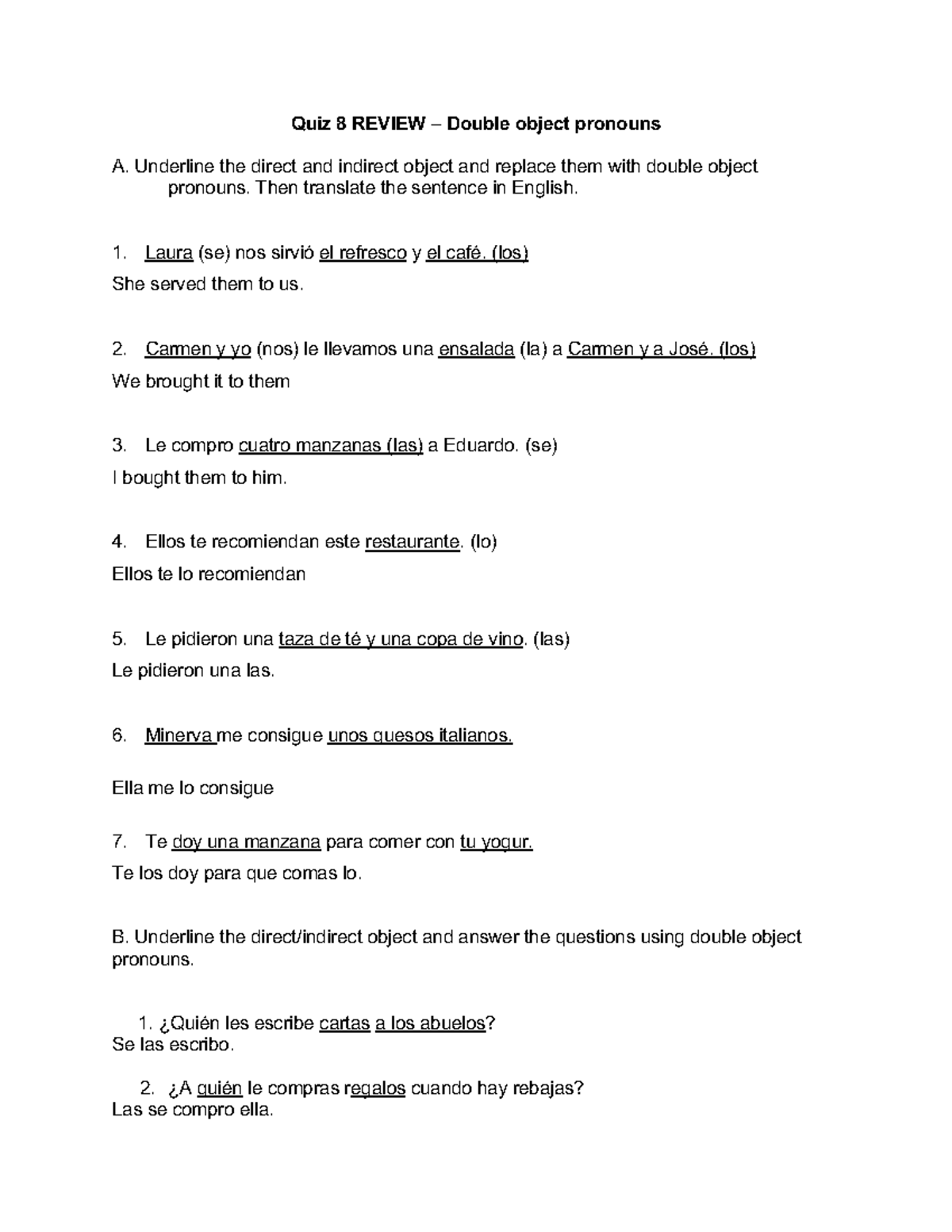 Quiz 8 Review: Double Object Pronouns & Preterite Verbs Guide - Studocu