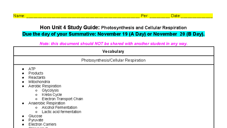 Hon Unit 4 Study Guide: Photosynthesis & Cellular Respiration - Studocu