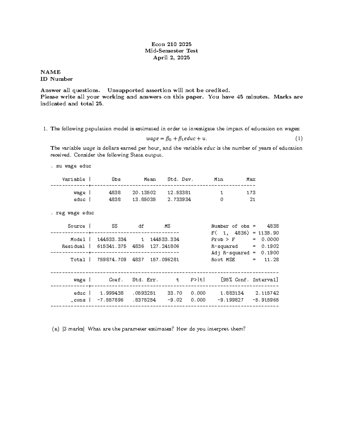 Econ 210 Final Exam Practice Test - April 2, 2025 - Studocu
