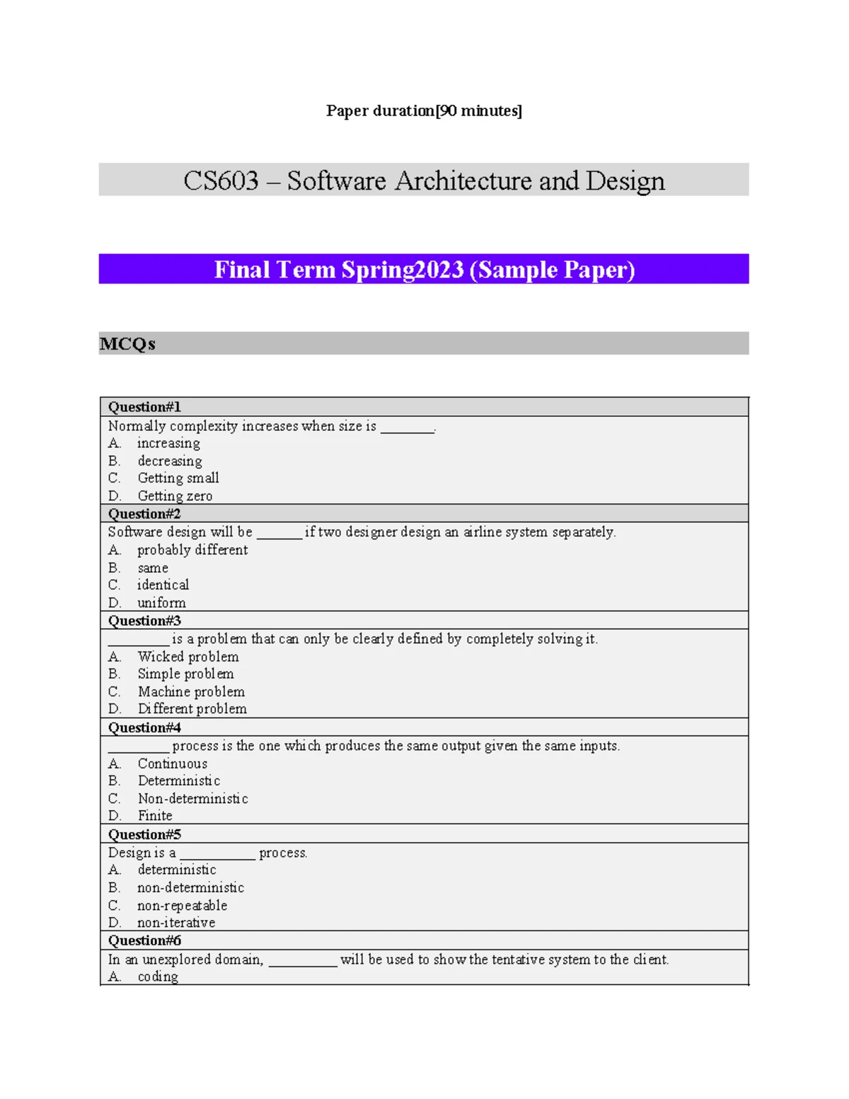 CS603 practice materials for midterm - Software Architecture and Design ...