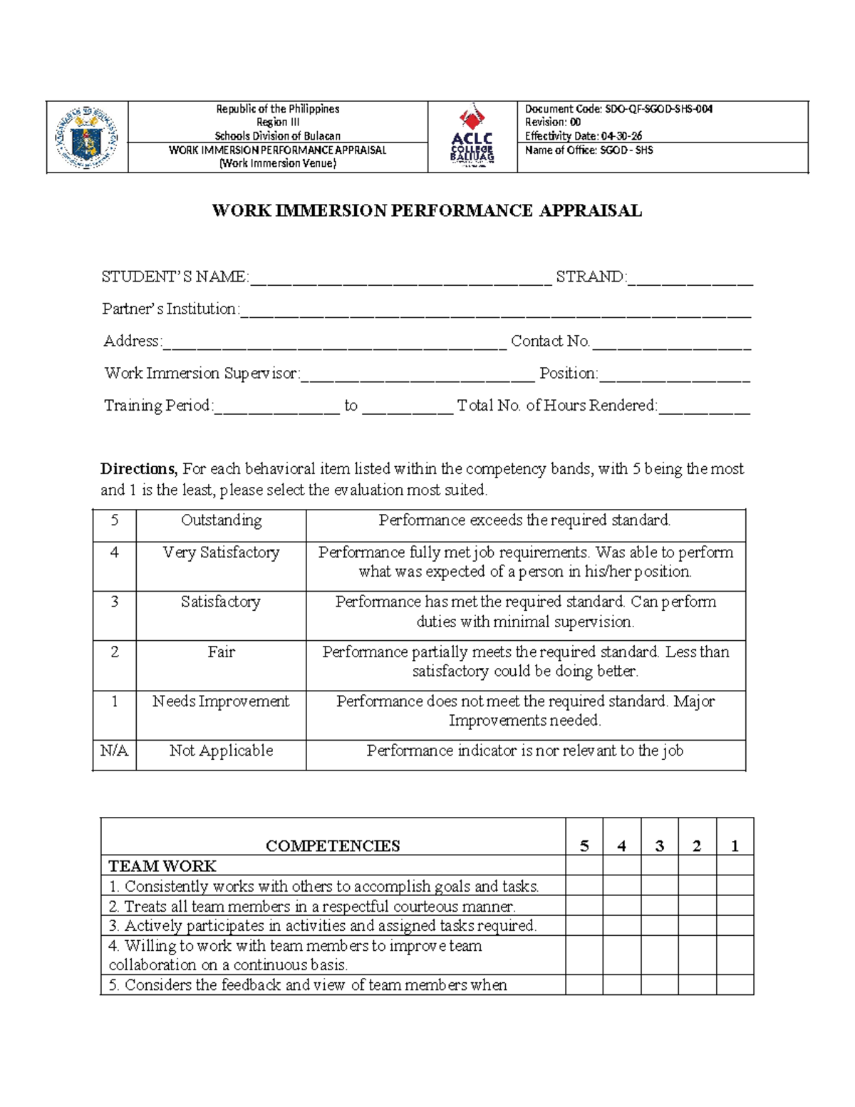 SHS Work Immersion Performance Appraisal Evaluation Document - Studocu