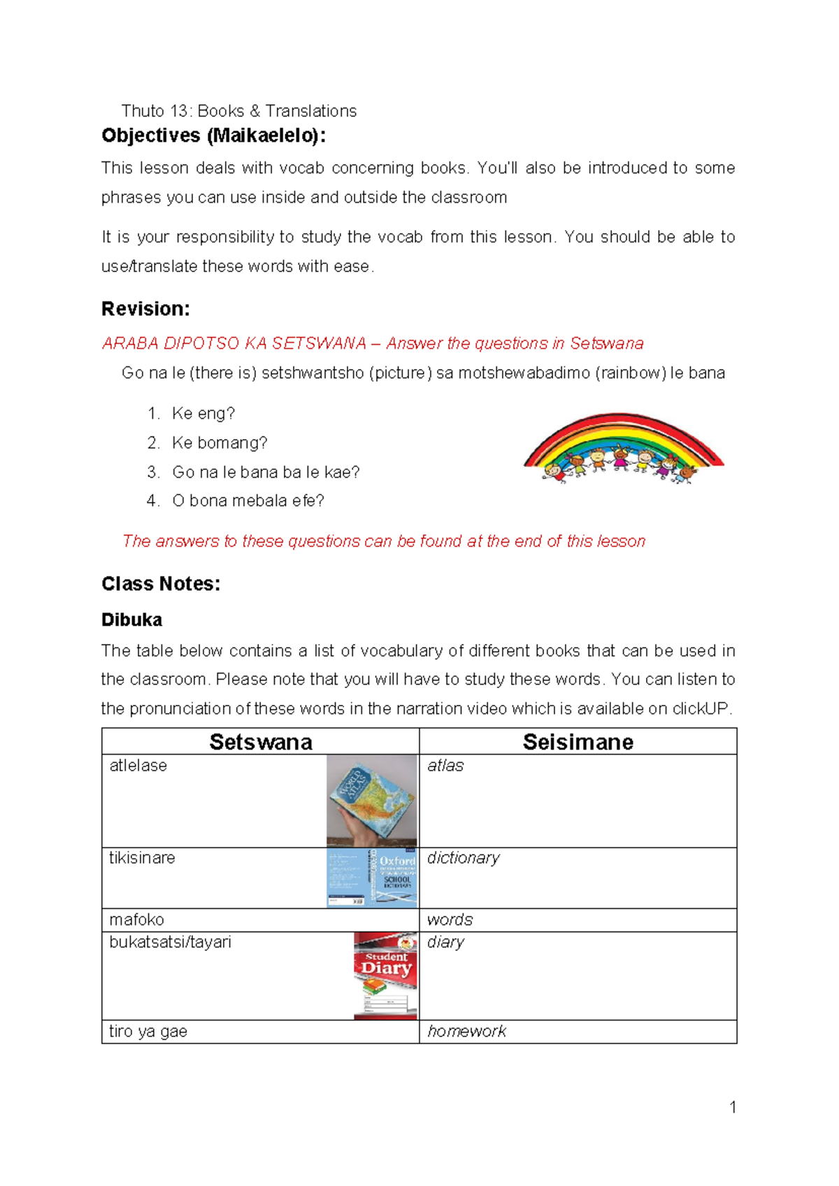 Thuto 13: Vocabulary & Sentence Structure in Setswana Lesson Notes ...