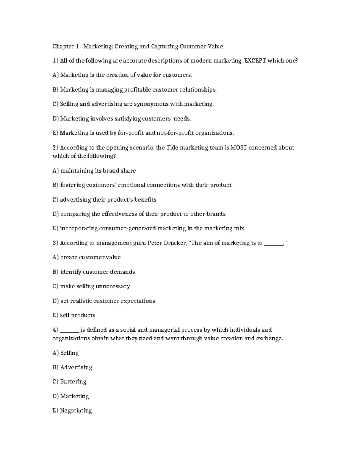 Chapter 1 MCQs - Marketing: Creating and Capturing Customer Value - Studocu