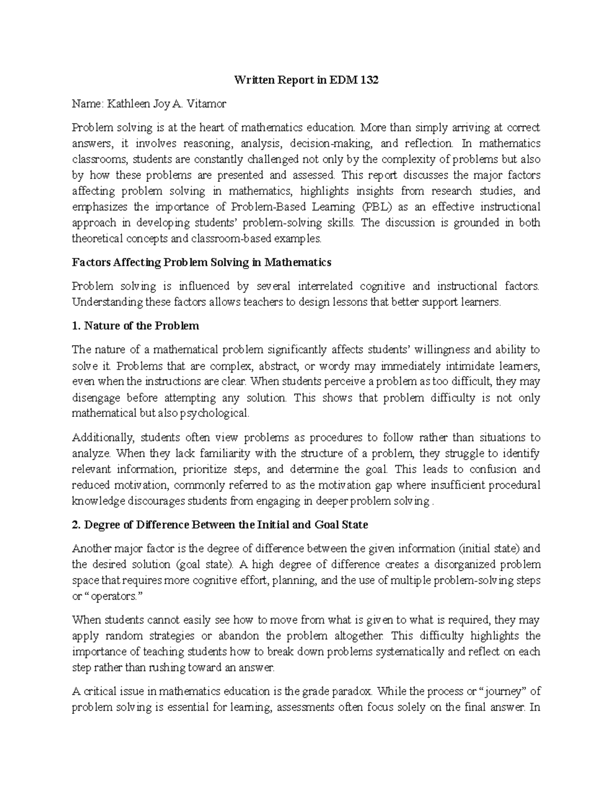 Factors Influencing Problem Solving in Mathematics - EDM 132 Report ...