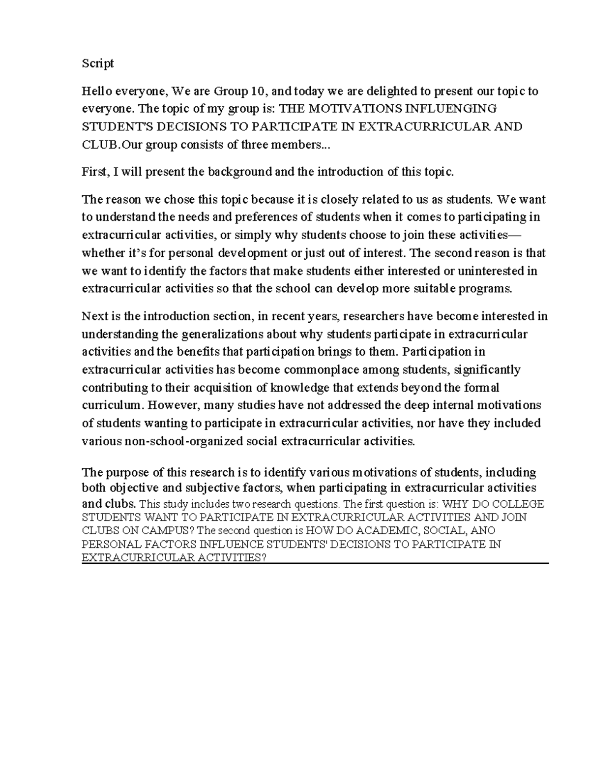 Motivations Influencing Students' Participation in Extracurriculars ...