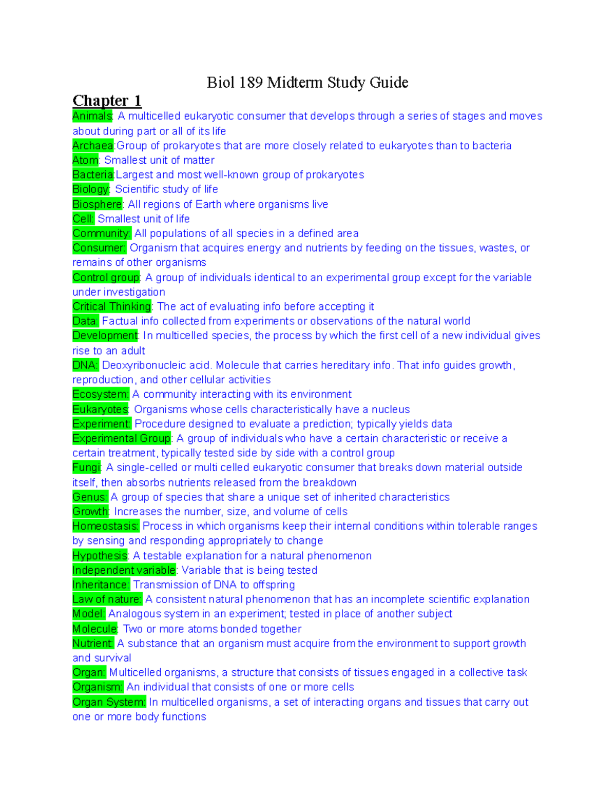 Biol 189 Midterm study guide: Key terms and definitions from chapters 1 ...