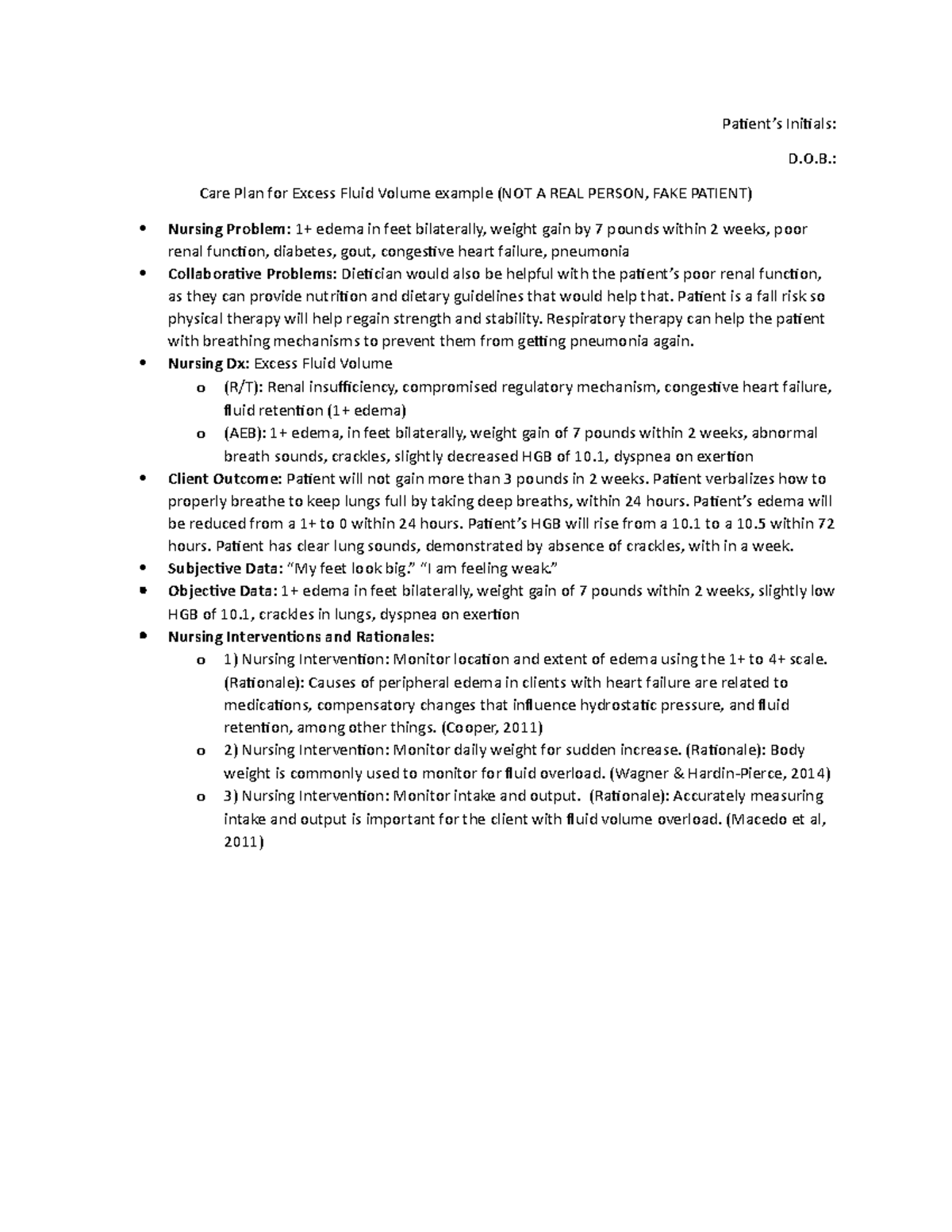 Nursing Care Plan for Excess Fluid Volume Management (NUR 310) - Studocu