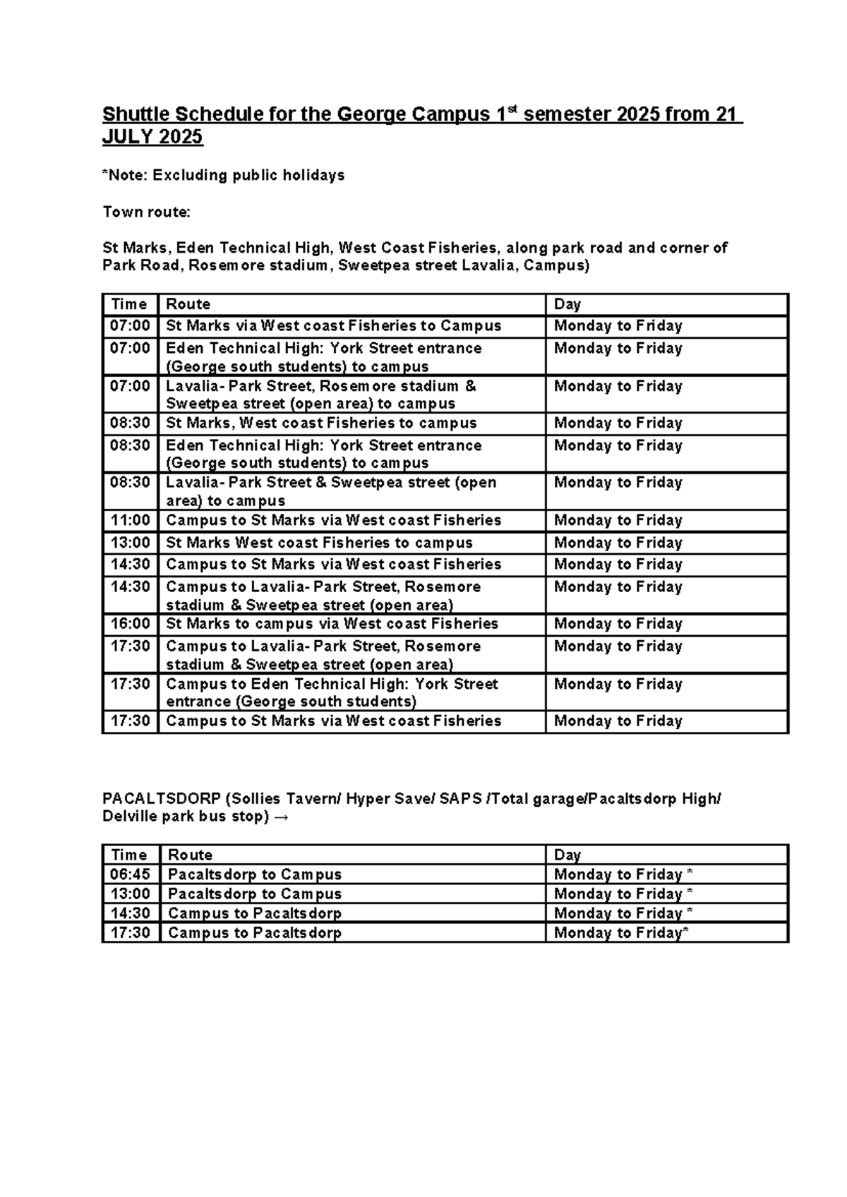 Shuttle Schedule for George Campus 1st Semester 2025 - Studocu