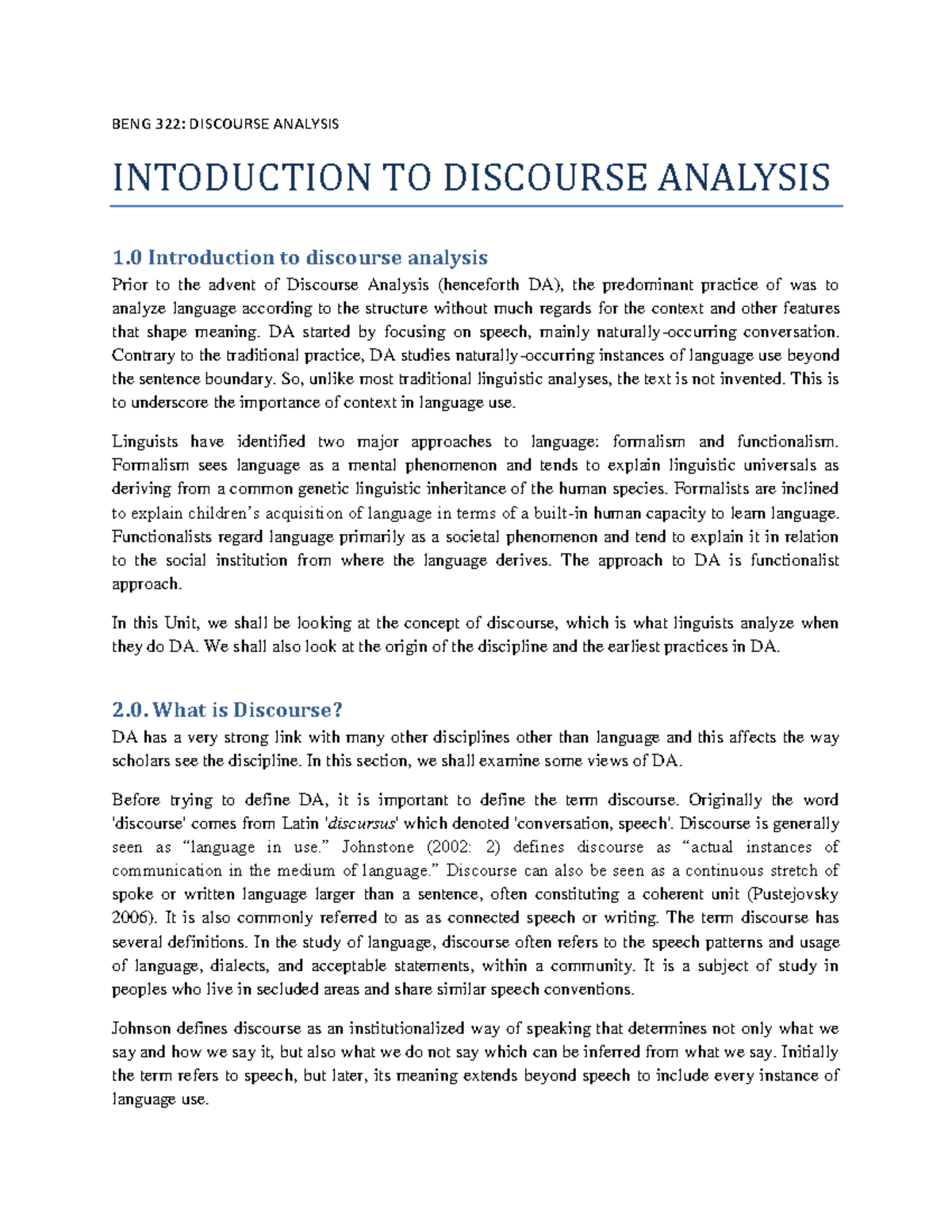 BLA 3212: Introduction to Discourse Analysis - Key Concepts and Methods ...