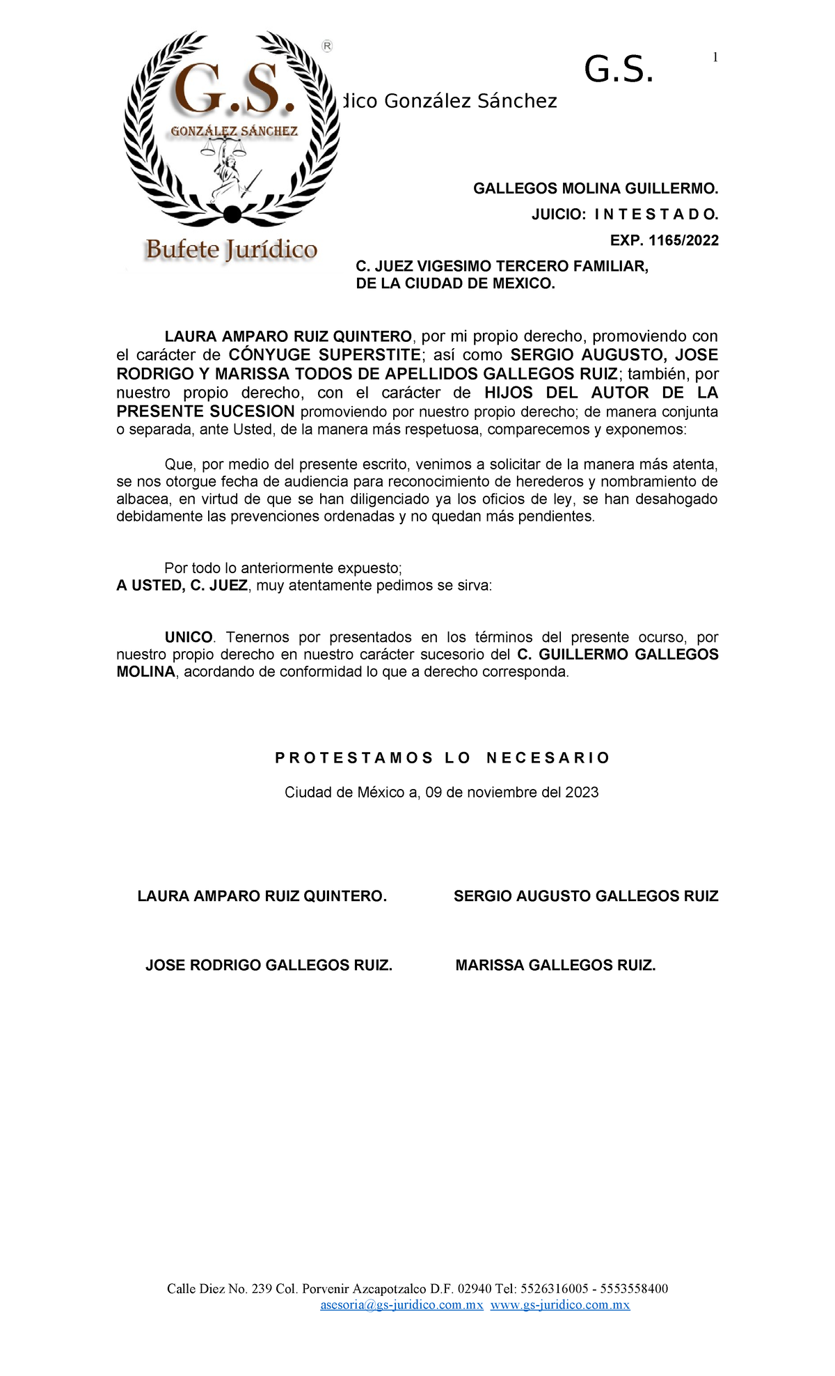 Solicitud de Audiencia para Herederos - Exp. 1165/ Gallegos Molina ...