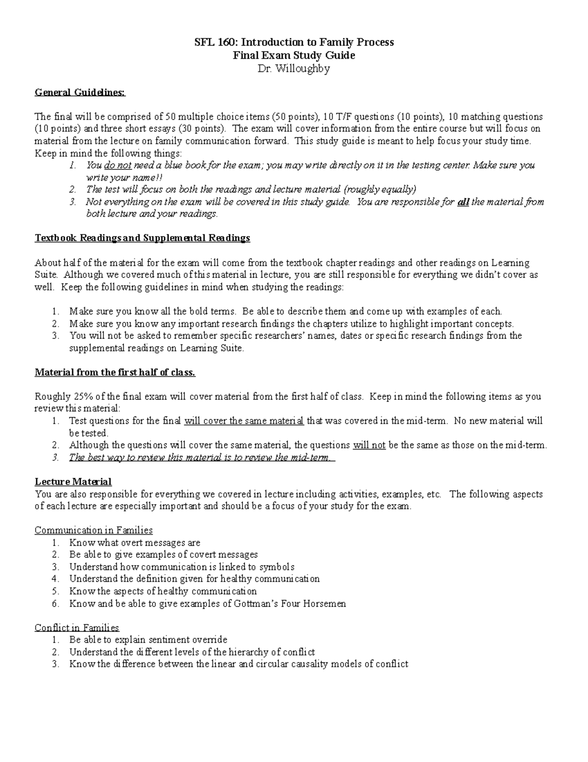 SFL 160 Final Exam Study Guide - Key Topics and Guidelines - Studocu