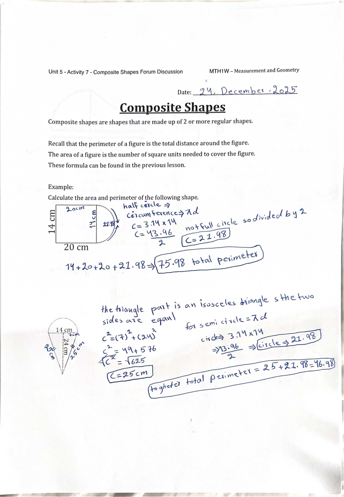 Unit 5 Activity 7: Composite Shapes Discussion MTH1W - Studocu