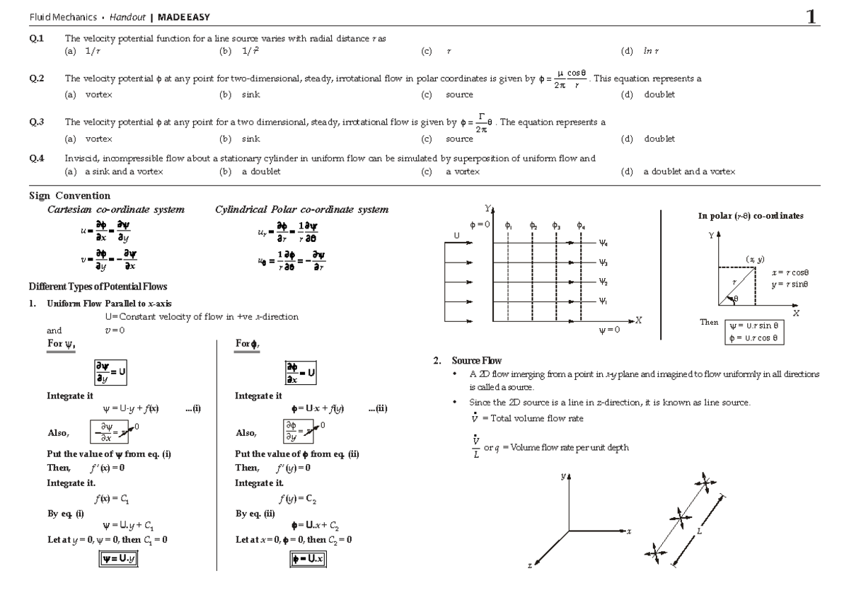 Fluid Mechanics (1) Potential Flow Handout: Simplified Concepts - Studocu