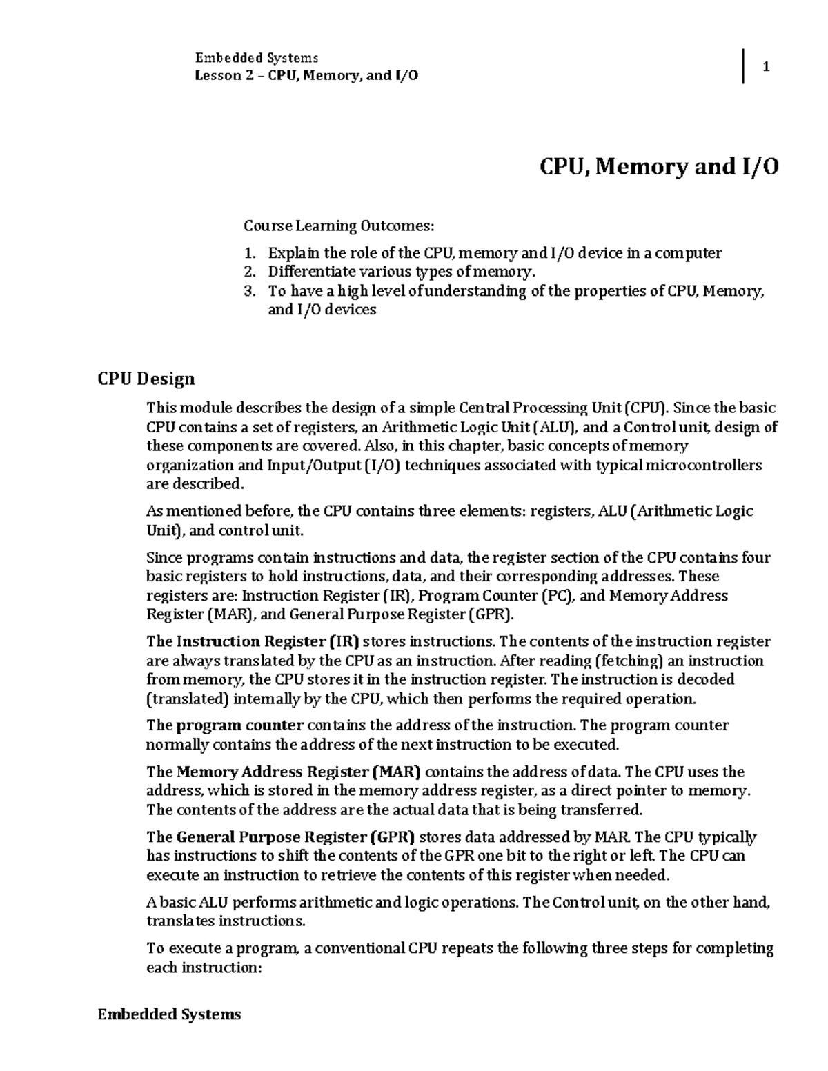 W2 Lesson 2 CPU,Memory and IO - Embedded Systems Lesson 2 – CPU, Memory ...