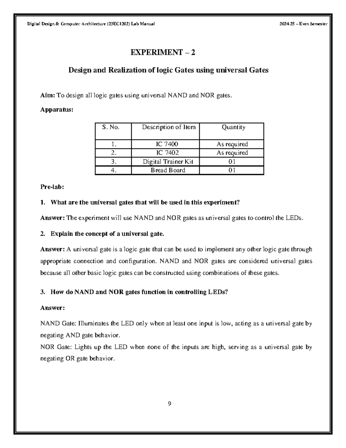 Experiment 2 - DDCA: Design & Realization of Logic Gates Using NAND ...