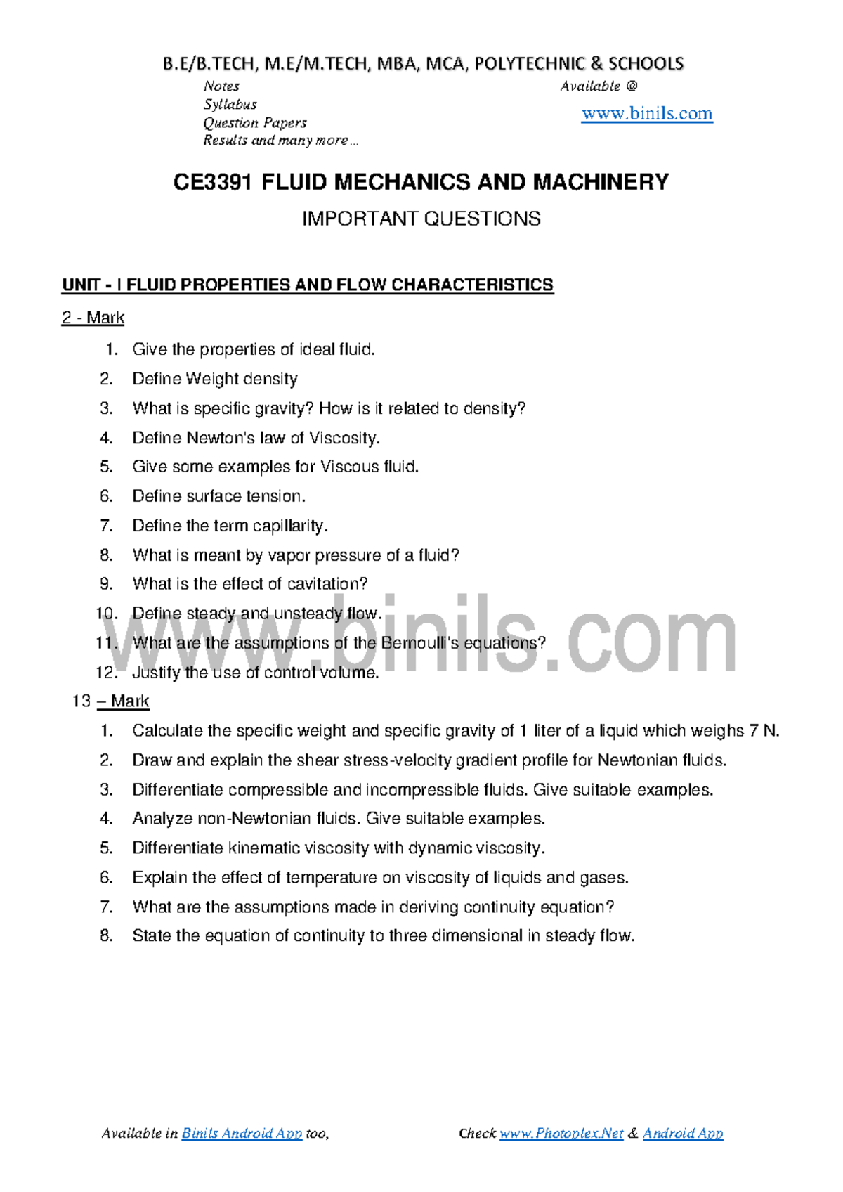 CE3391 Fluid Mechanics and Machinery Important Questions Overview - Studocu