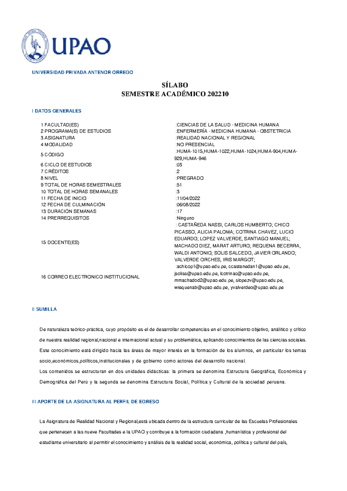 Realidad Nacional y Regional HUMA 1015 - Sílabo Semestre 202210 - Document Preview