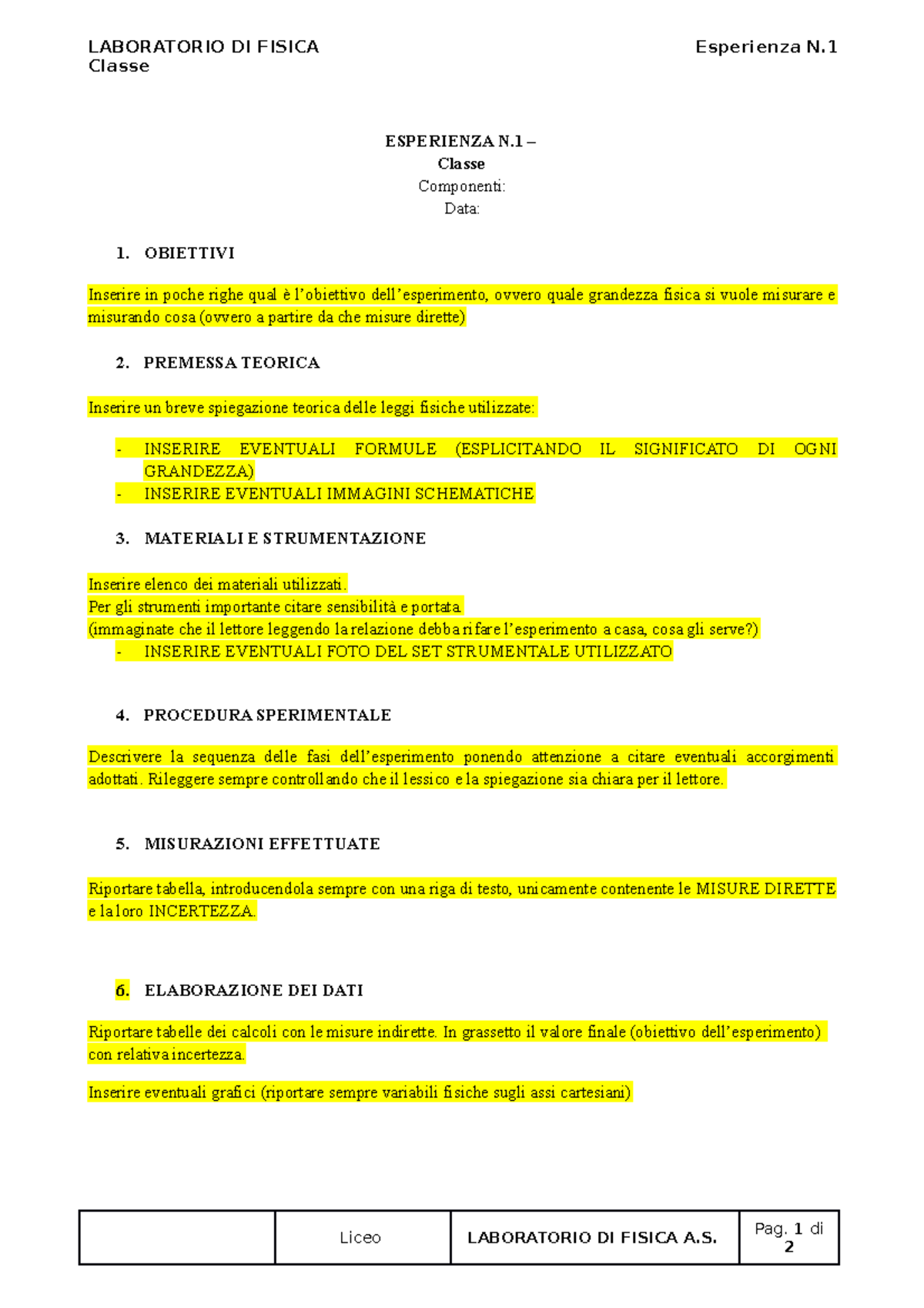 schema per relazione di laboratorio