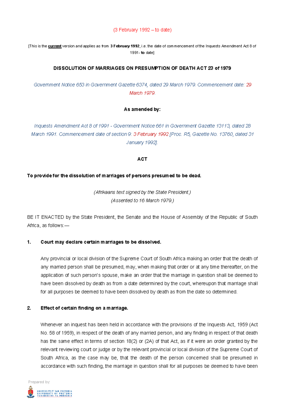 Dissolution of Marriages on Presumption of Death Act 23 of 1979 - Studocu