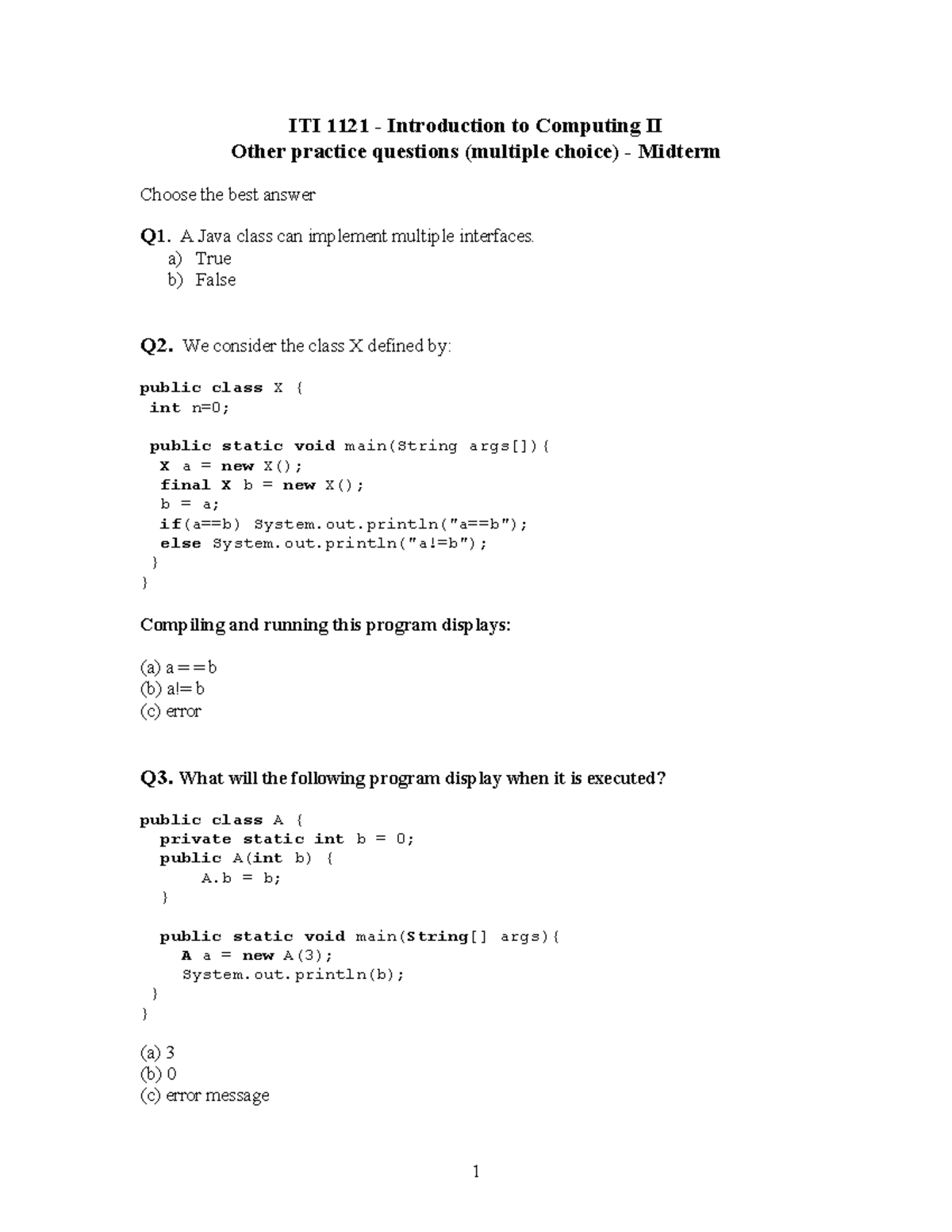 Midterm Practice Questions for ITI 1121: Introduction to Computing II ...