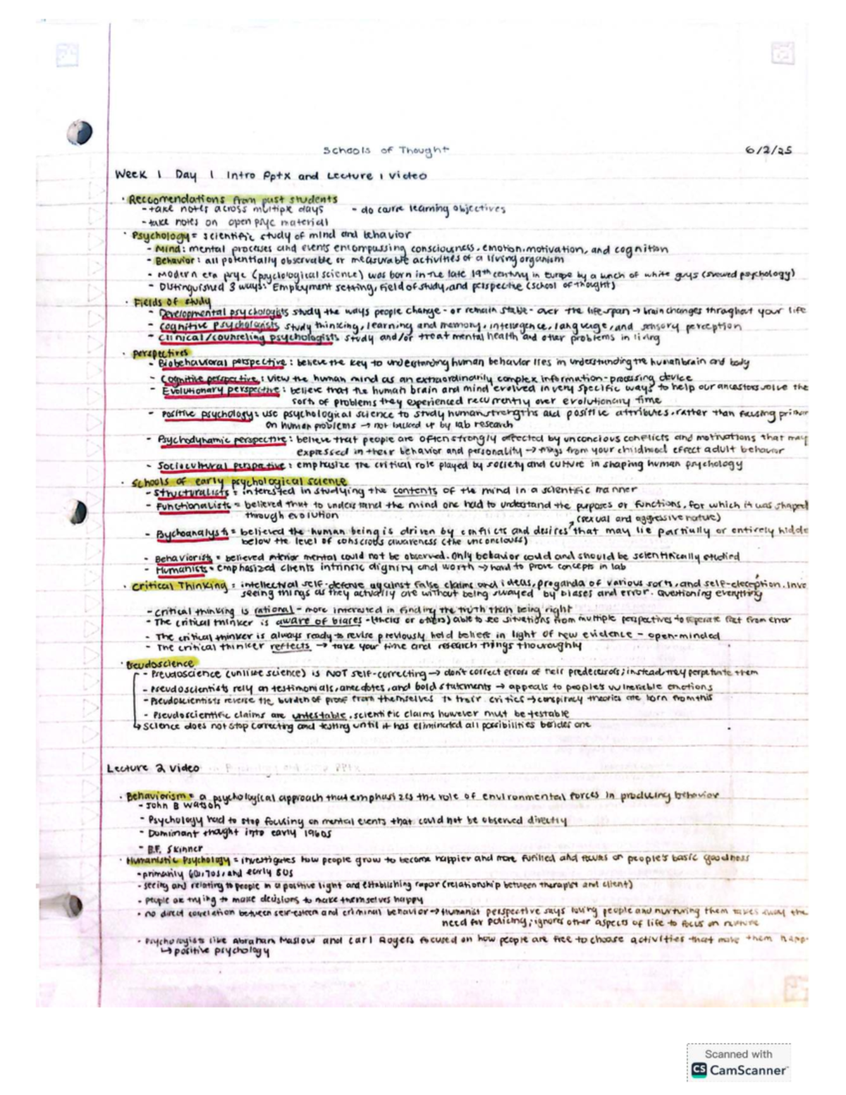 PSYC 101: Schools of Thought - Week 1 Lecture Notes and Key Concepts ...