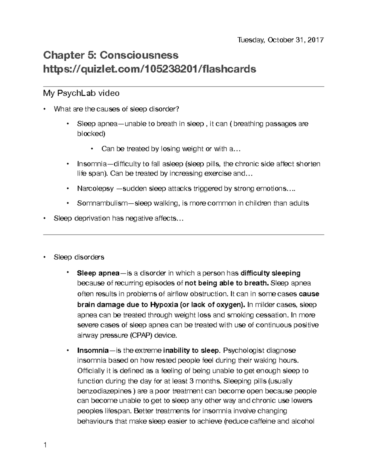 Psyc. 1200 Chapter 5 - Lecture Notes on Consciousness and Sleep ...