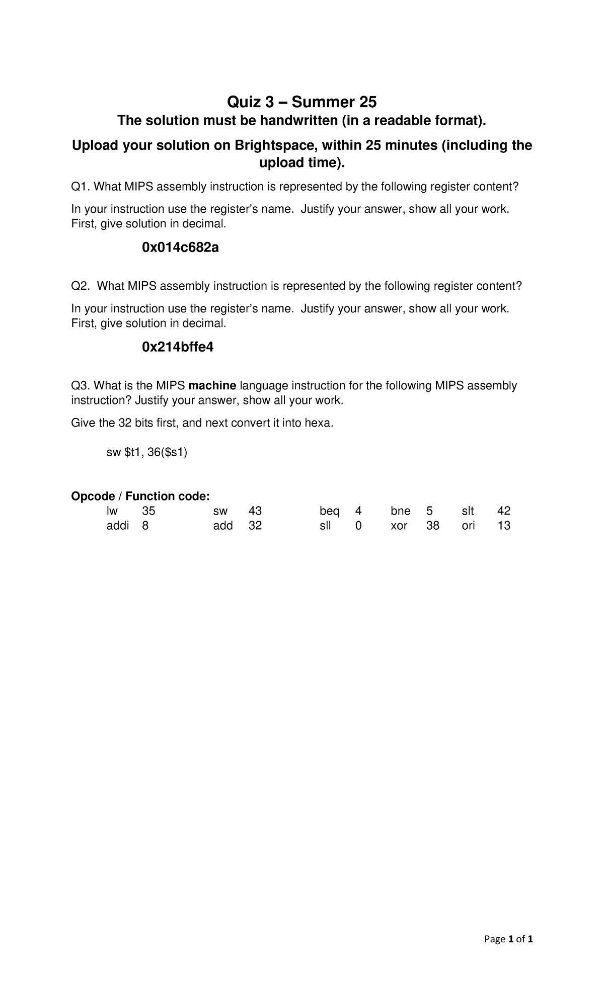 Quiz 3 Solutions for MIPS Assembly - Summer 25 - Studocu