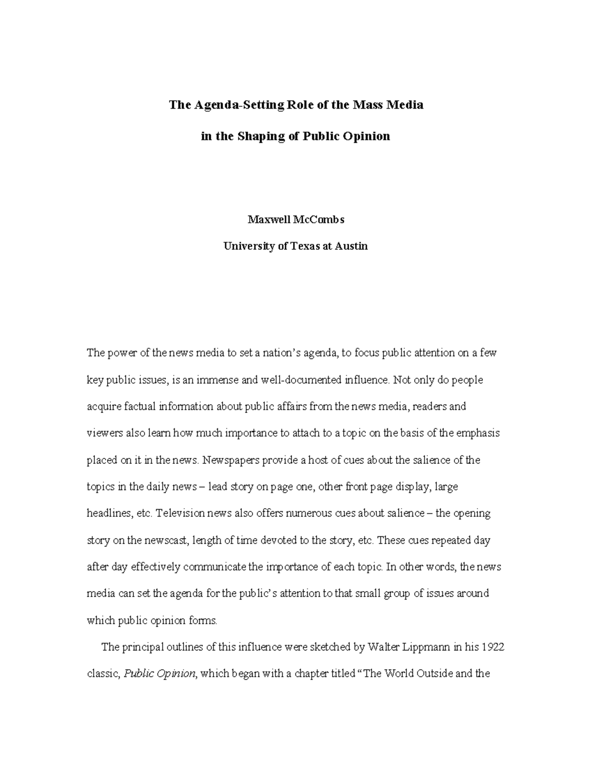 The Agenda-Setting Role of Mass Media in Shaping Public Opinion (COMM ...