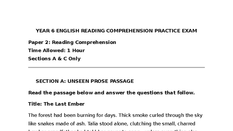 YEAR 7 ENGLISH READING COMPREHENSION PRACTICE EXAM Paper 1 - Studocu