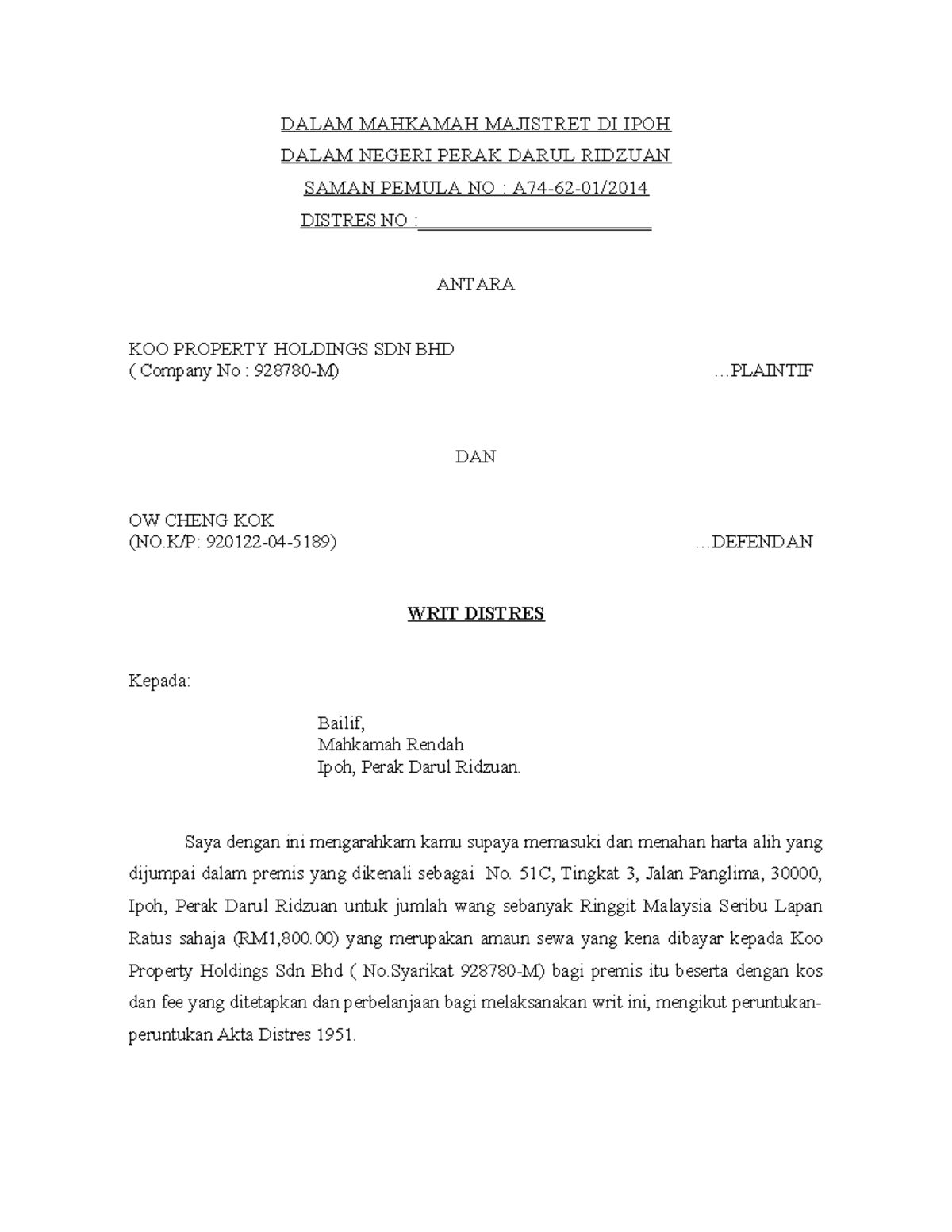 Writ Distress: Koo Property Holdings vs. Ow Cheng Kok - A74-62-01 - Studocu