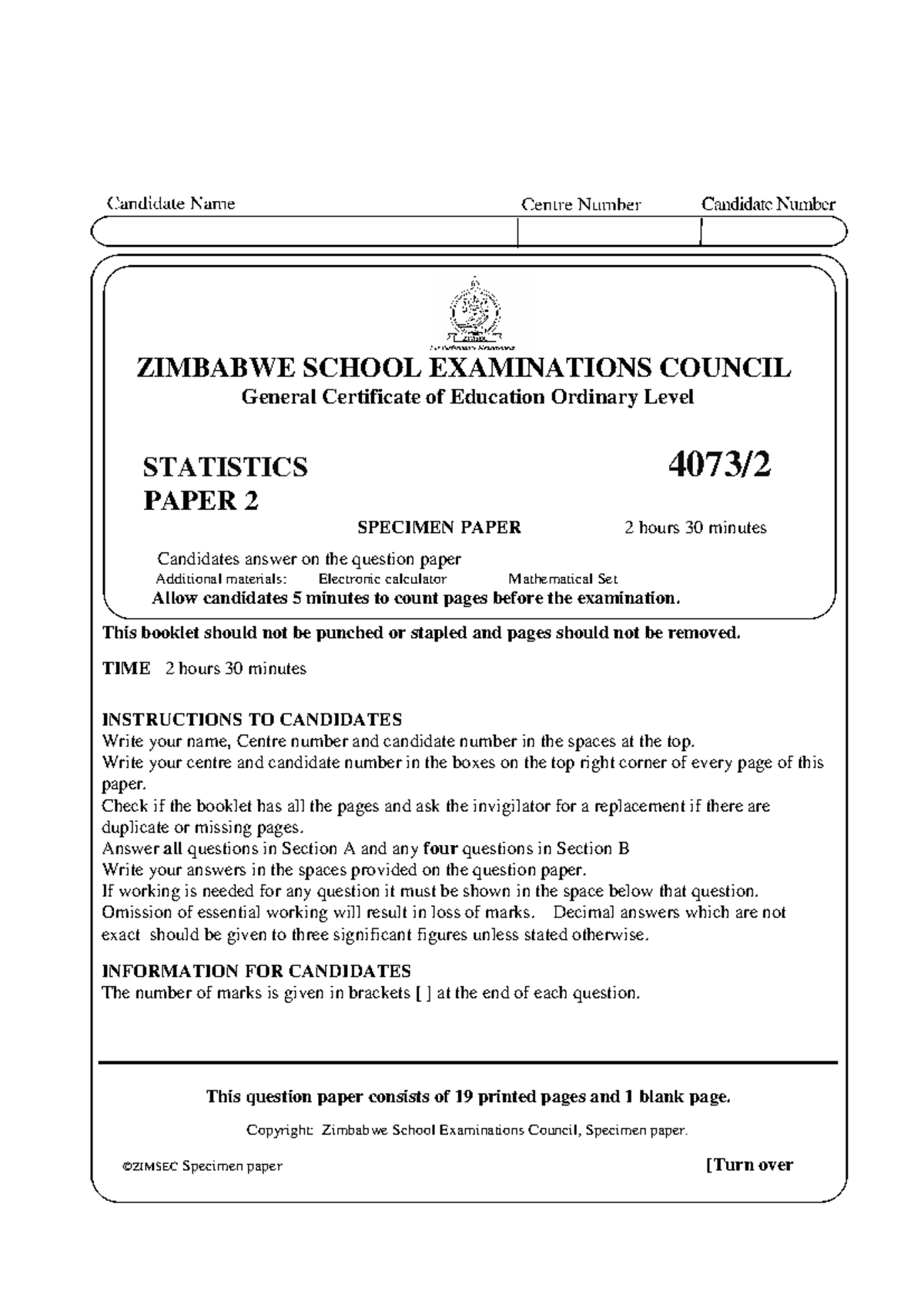ZIMBABWE SCHOOL EXAMINATIONS COUNCIL O-Level Statistics Specimen Paper ...