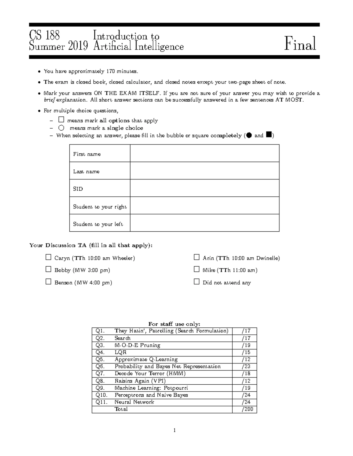 CS 188 Summer 2021 Artificial Intelligence Final Exam Solutions - Studocu