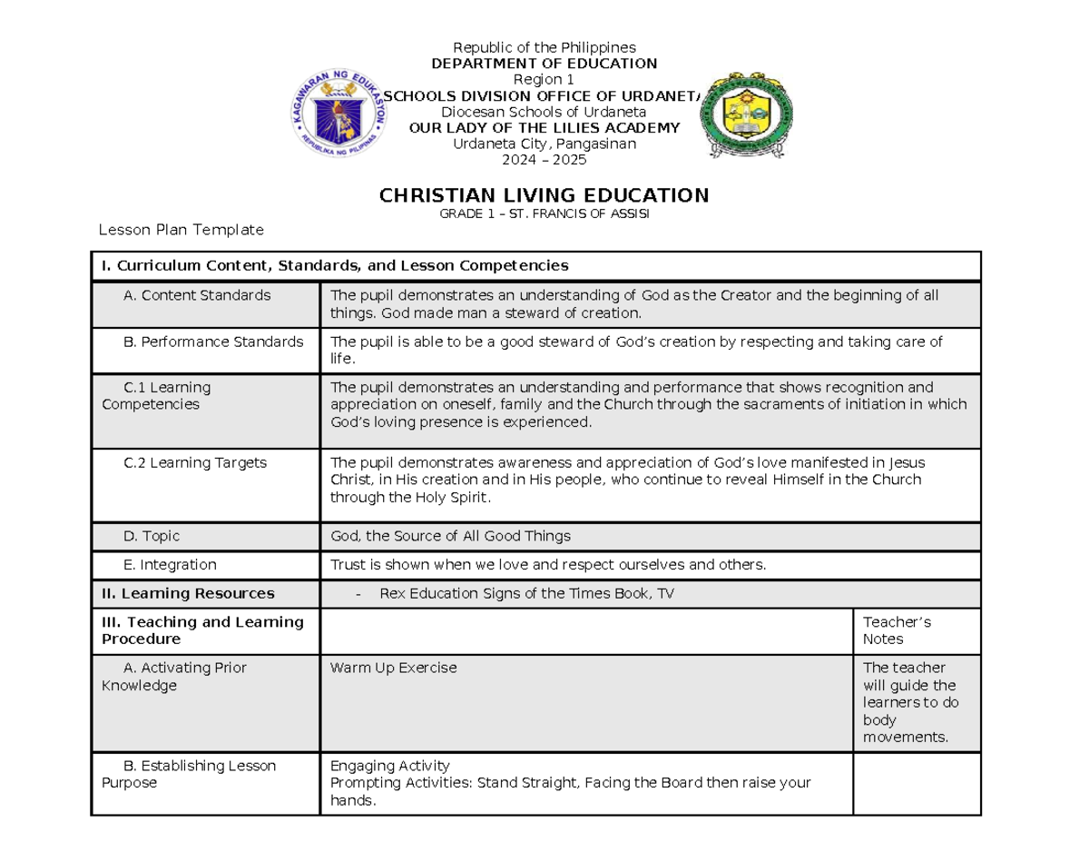 CLE 1 Lesson Plan: Understanding God as Creator and Stewardship - Studocu