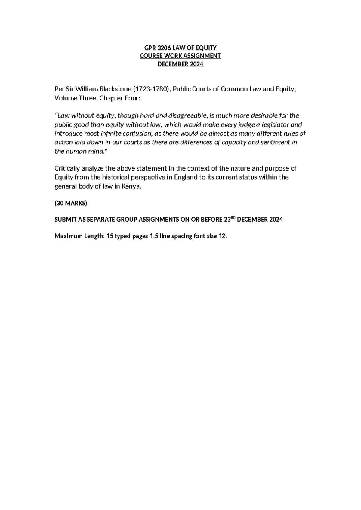 GPR 3206 Assignment: Critical Analysis of Equity Law - Dec 2024 - Studocu