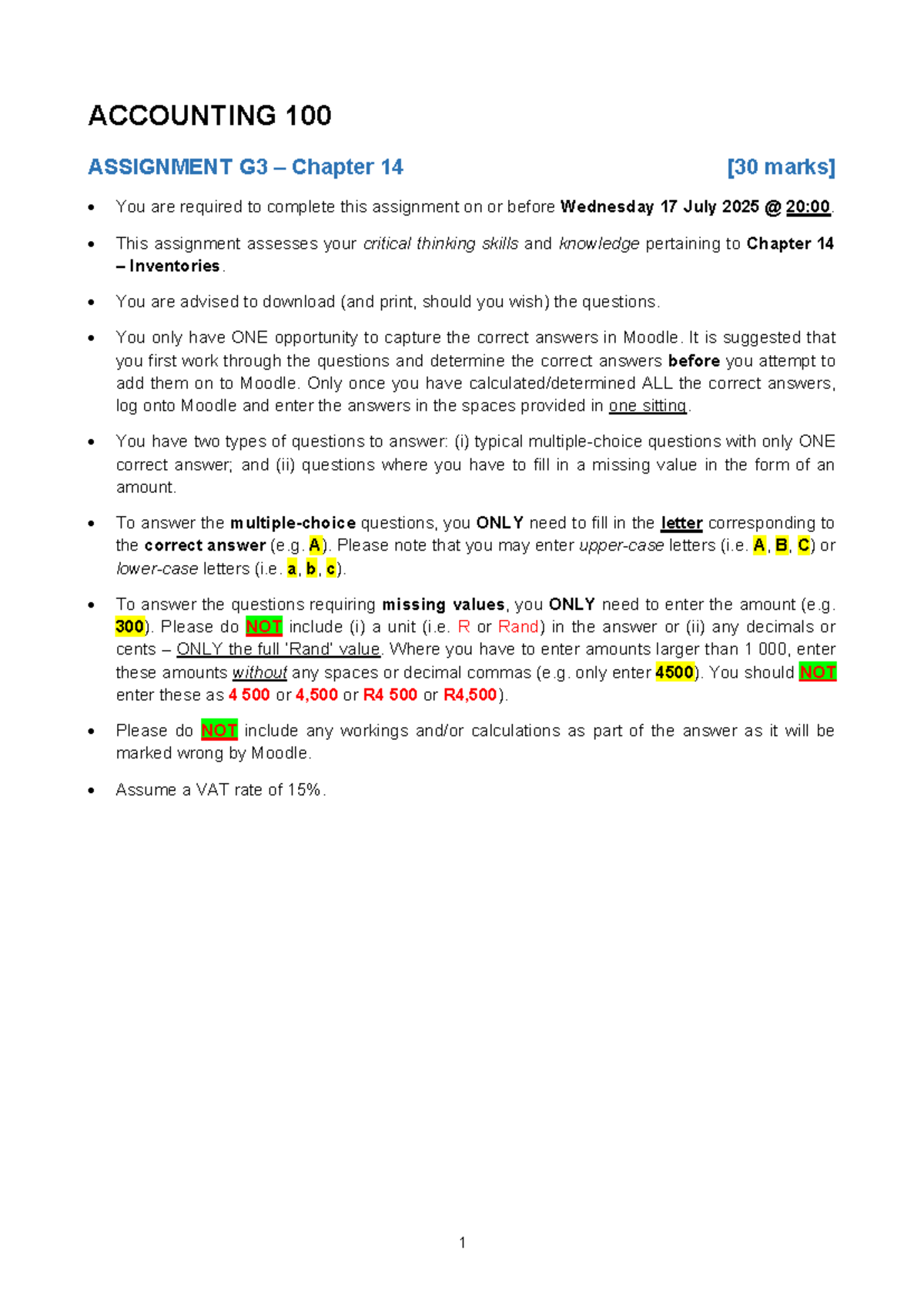 ACCOUNTING 100 ASSIGNMENT G3: Chapter 14 Inventories Guide - Studocu