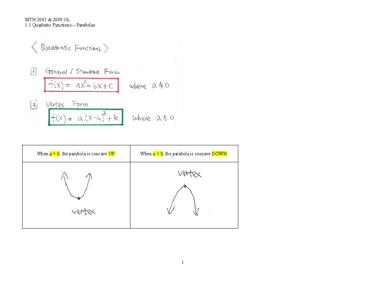 MTH 2003 & 2009 - 1.5 OL - Quadratic Functions Lesson Notes - Studocu