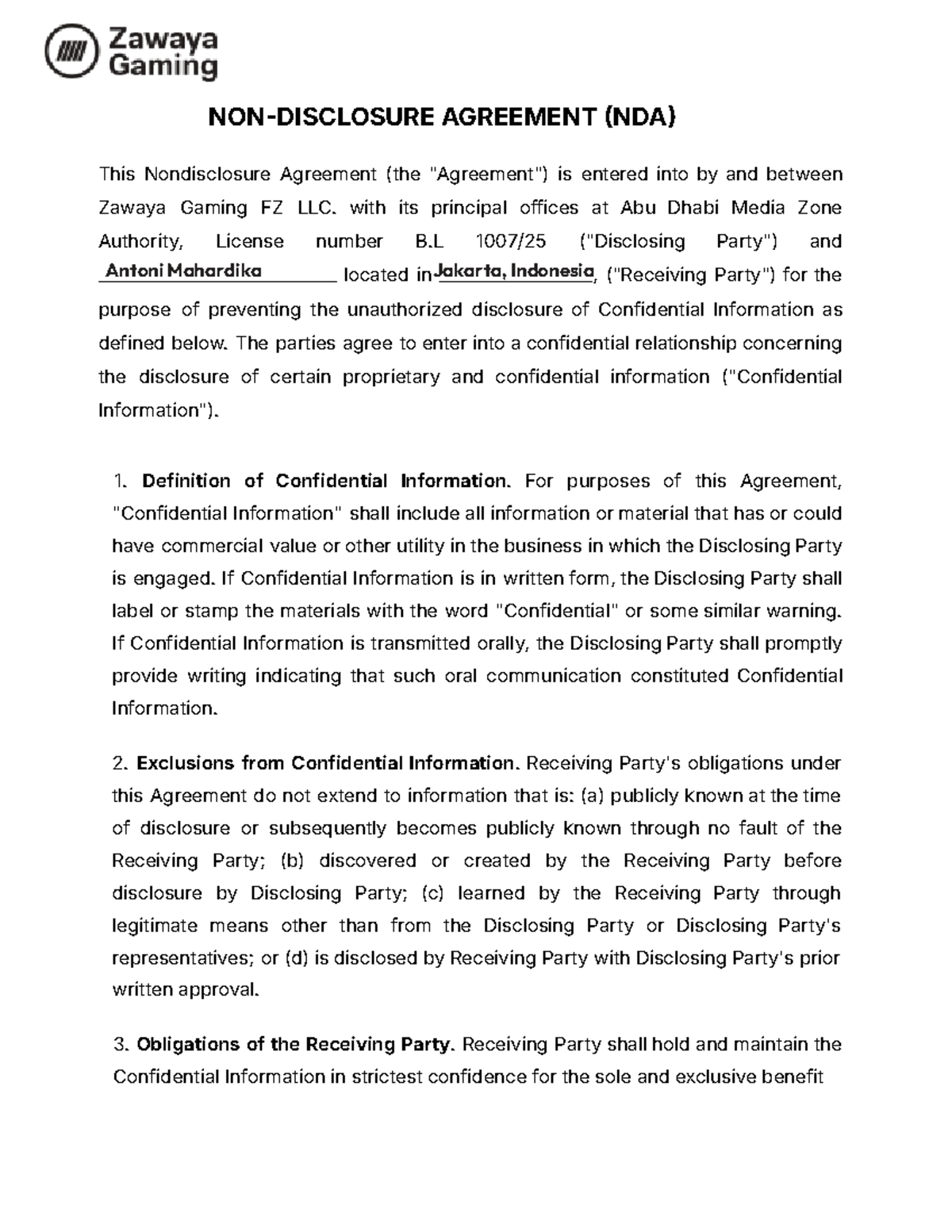 Zawaya Gaming NDA Agreement with Antoni Mahardika - Studocu