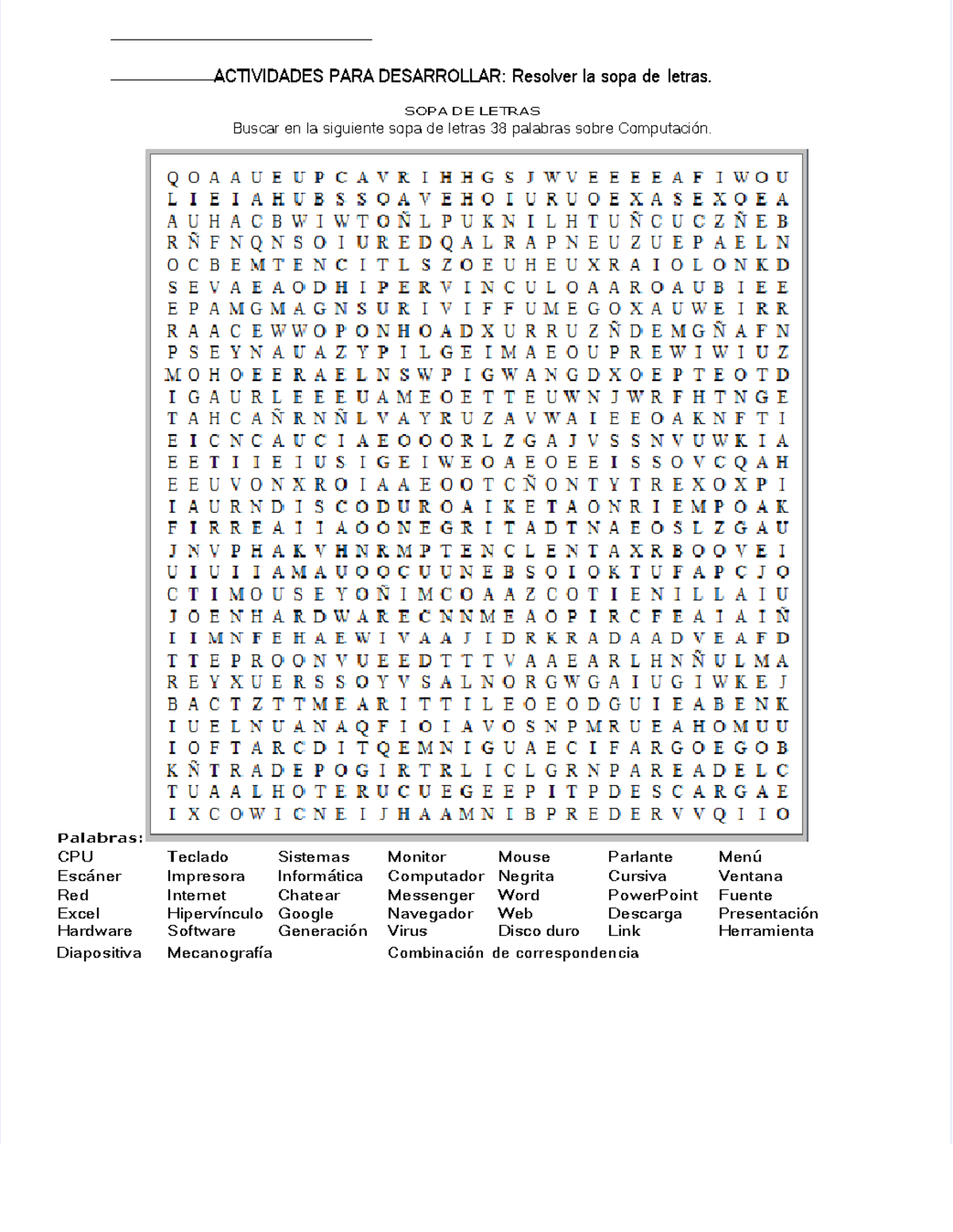 Pdf sopa de letras informatica - ACTIVIDADES PARA DESARROLLAR: Resolver ...