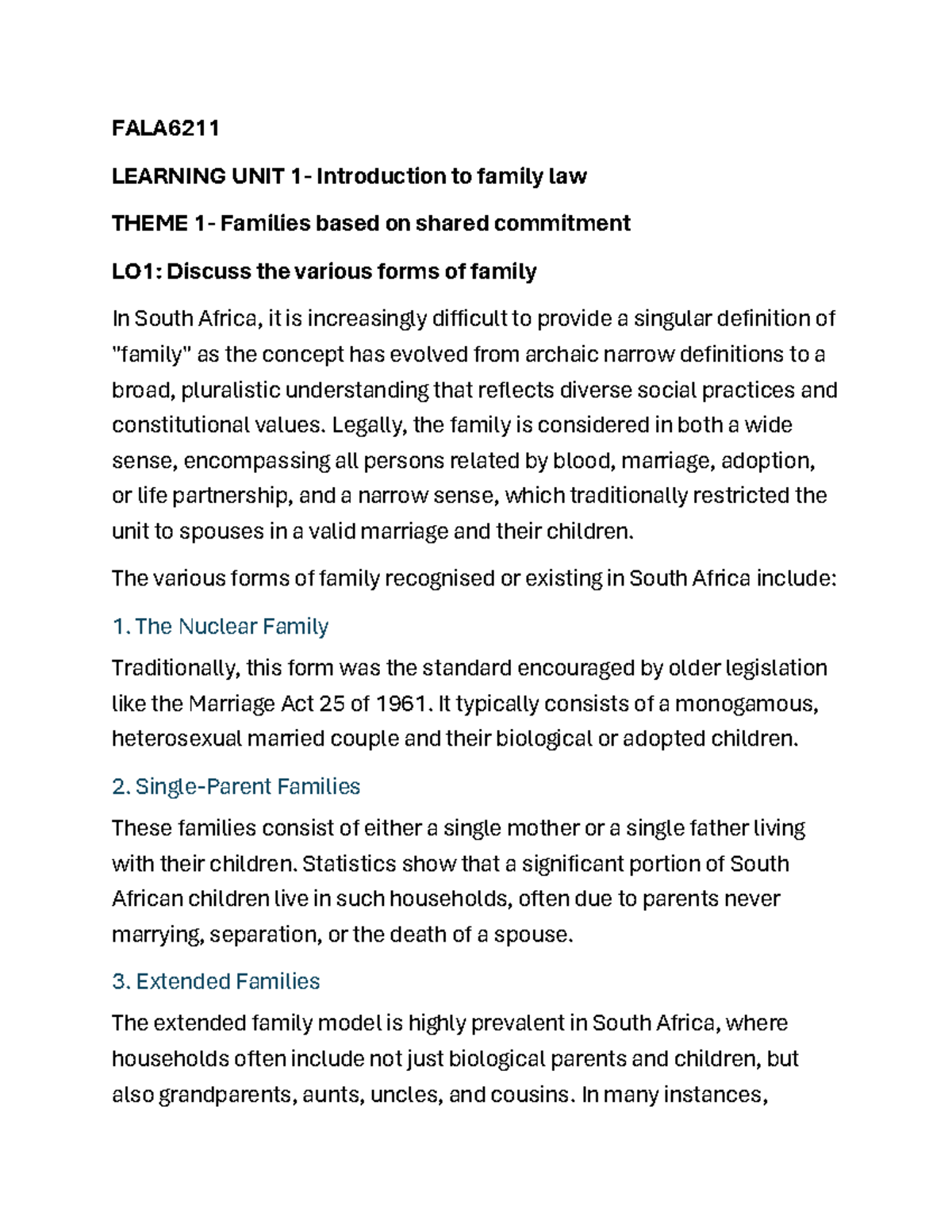FALA6211 Learning Unit 1 & 2 Summary: Family Law in South Africa - Studocu